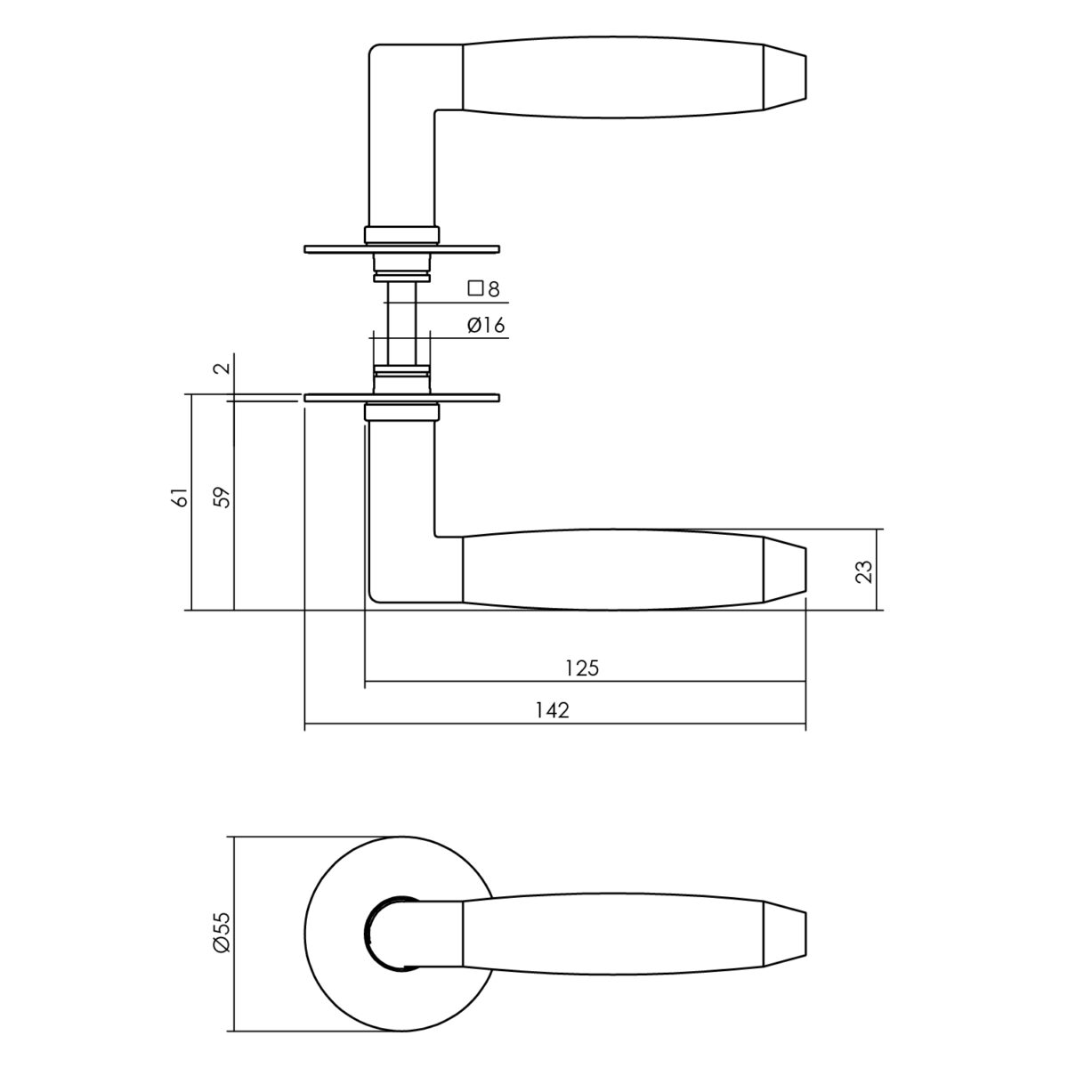 LINE DRAWING_DOOR HANDLE COMBINATION STAINLESS STEEL/BLACK WITH ROSE SELF-ADHESIVE Ø55X2MM STAINLESS STEEL