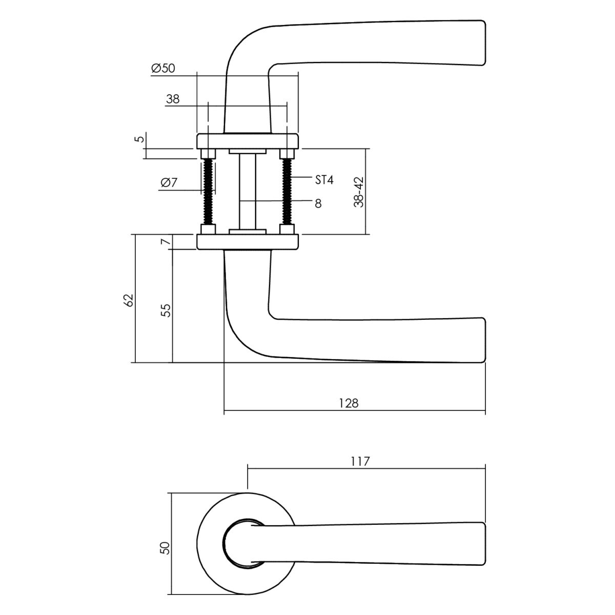 LINE DRAWING_DOOR HANDLE CONICAL AND ROSETTE WITH CAM ALUMINUM F1