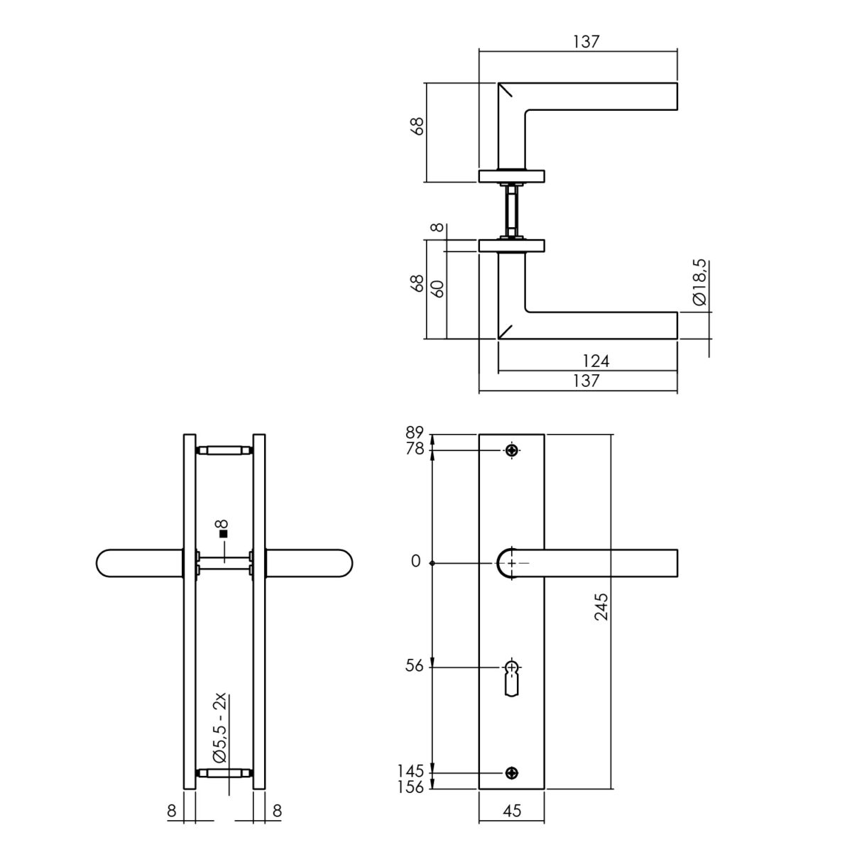 LINE DRAWING_DOOR HANDLE BASTIAN ON LONG SHIELD 245X45MM KEYHOLE 56MM PVD BRASS COLOR