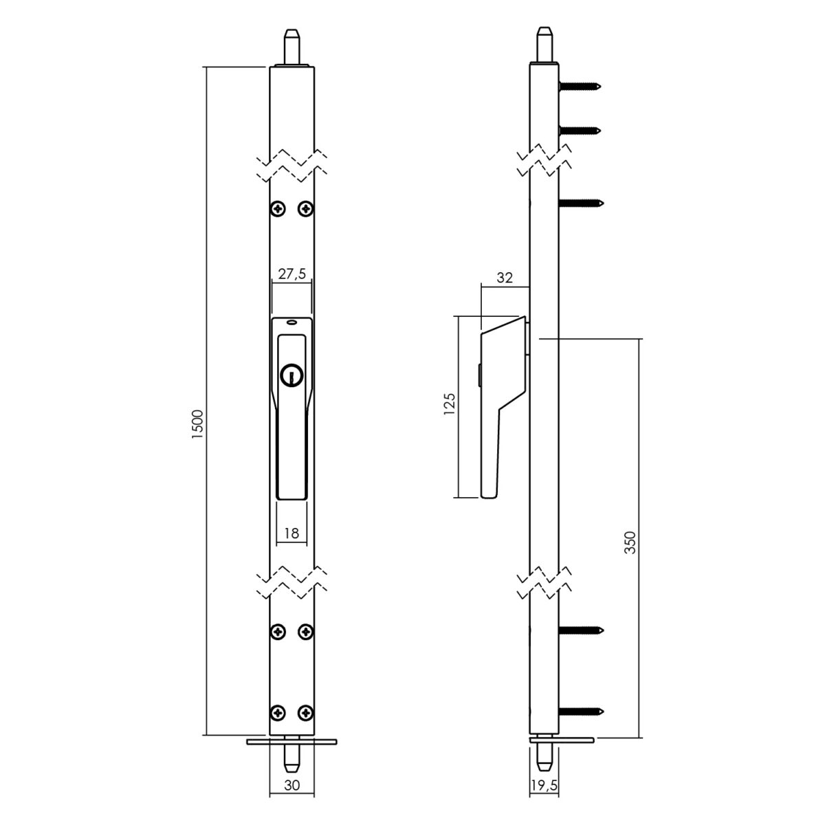 LINE DRAWING_WINDOW SPAGNOLET SKG2 LOCKABLE LS 1500MM WITH EXCHANGEABLE CYLINDER