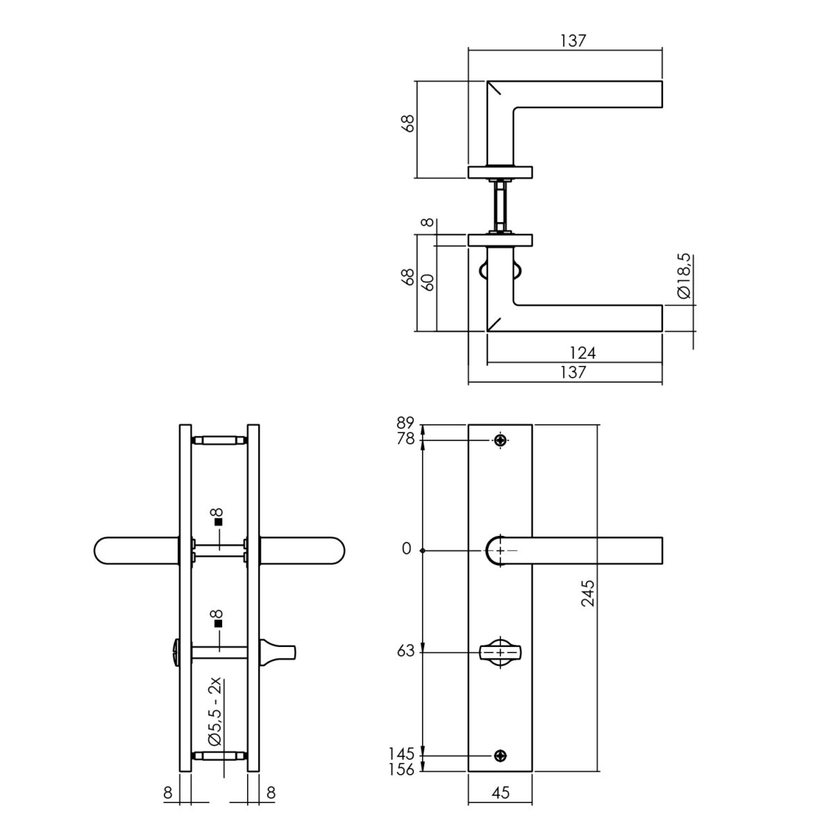 LINE DRAWING_DOOR HANDLE BASTIAN ON LONG SHIELD 245X45MM WC63/8MM ANTHRACITE-GREY