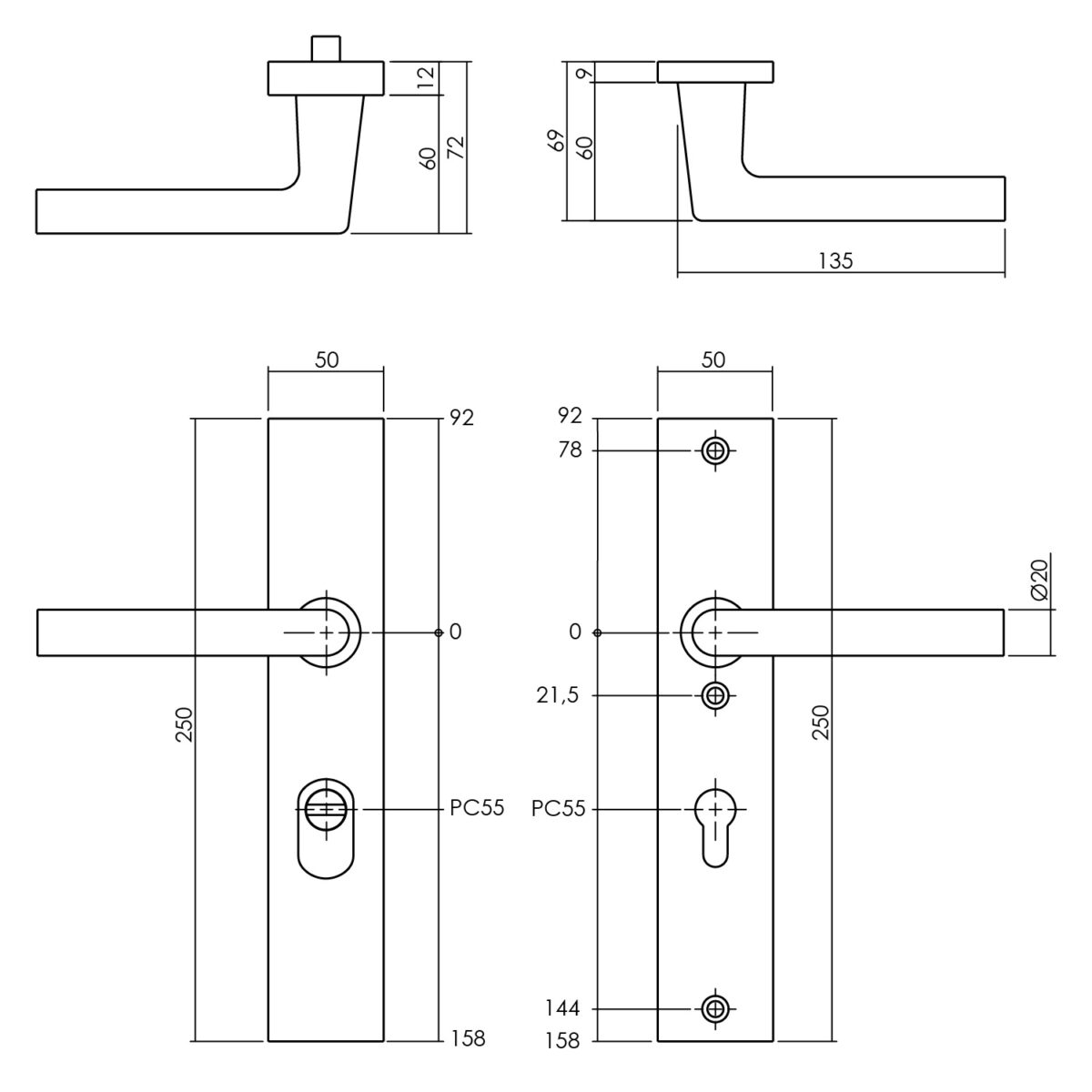 LINE DRAWING_SKG3 SAFETY SHIELDS RECTANGULAR SPRING HANDLE/HANDLE PROFILE CYLINDER HOLE 55MM WITH CORE PULL PROTECTION ALUMINUM F1