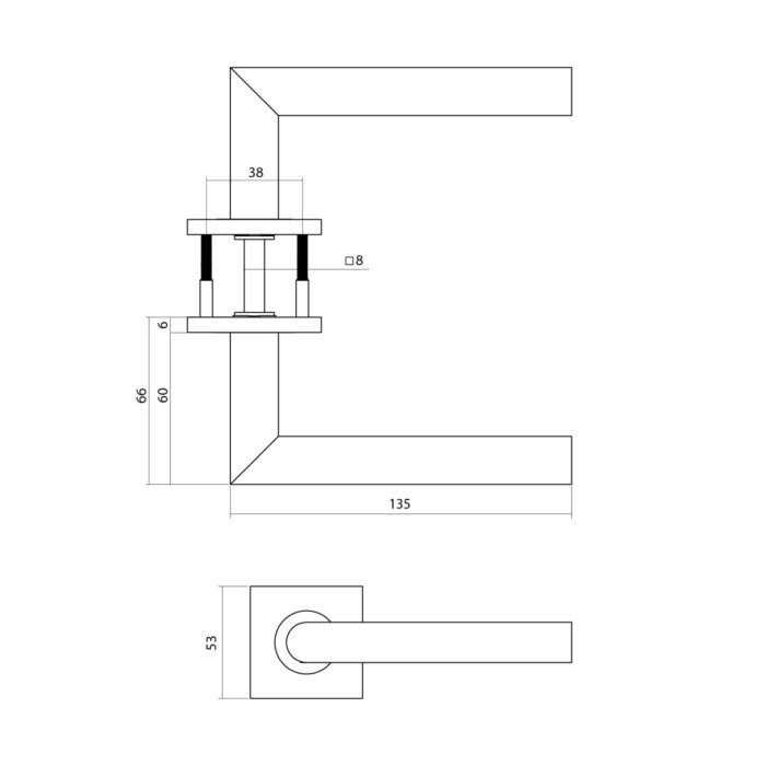 lijntekening Intersteel deurkruk Q 04 op rozet 53x53x6mm PVD Brons