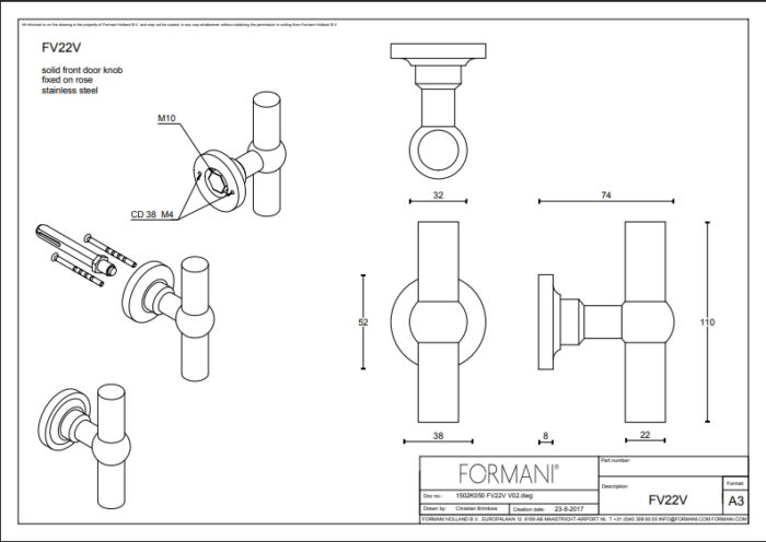 Formani | Bouton de porte d&#39;entrée FV22V Fixé sur la rosette | Acier inoxydable