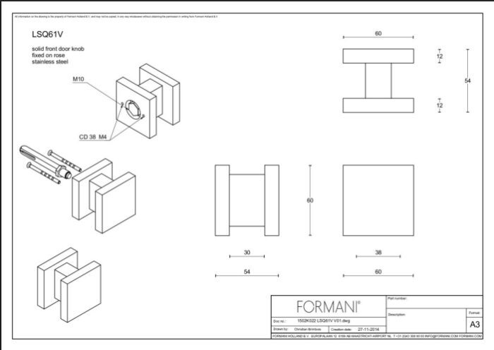Formani | Bouton de porte d&#39;entrée LSQ61V Fixé sur la rosette | Acier inoxydable