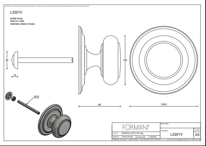 Formani | Bouton de porte d&#39;entrée LZ201V Fixé sur la rosette | Acier inoxydable