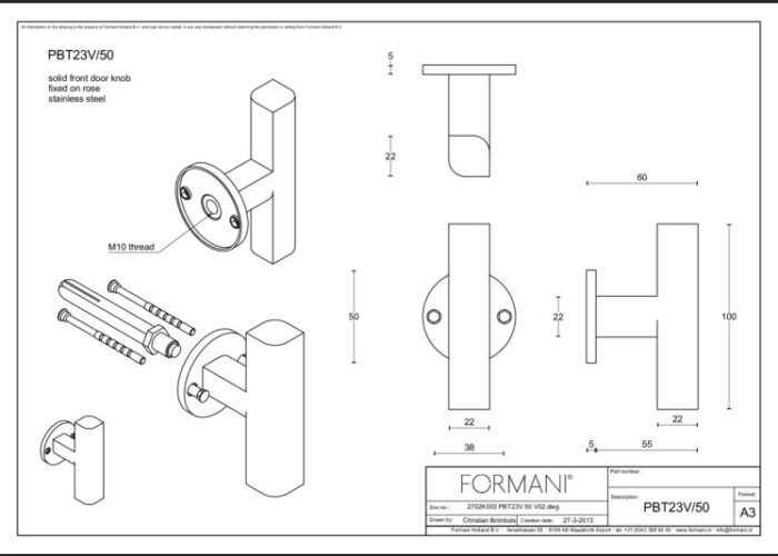 Formani | Voordeurknop PBT23V Vast op Rozet | RVS
