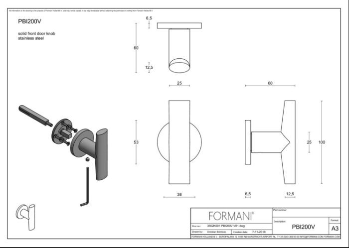 Formani | Front door button PBI200V fixed on rosette | PVD light bronze
