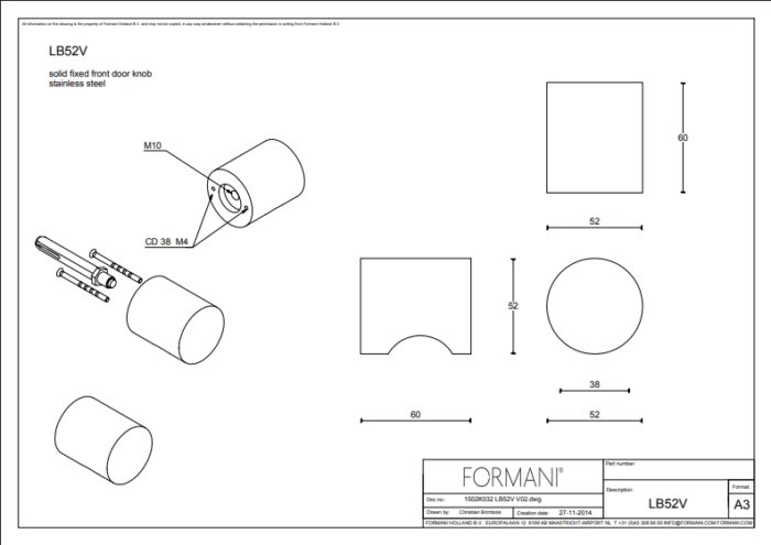 Formani | Bouton de porte d&#39;entrée LB52V Fixé sur la rosette | Acier inoxydable