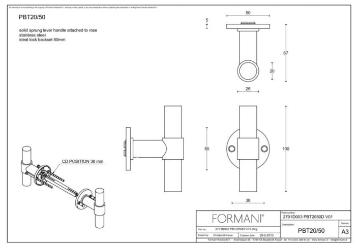 Formani | Deurkruk | Piet Boon | PBT20/50 | mat roestvast staal
