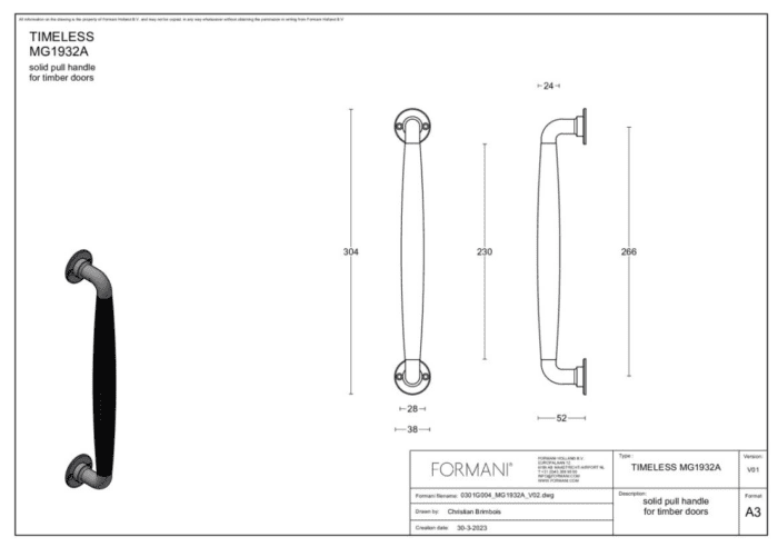 Formani | MG1932A | Deurgreep | messing ongelakt/ebbenhout