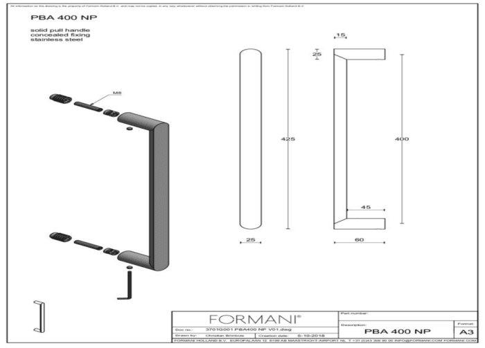 Formani | PBA400 NP | Deurgreep | mat roestvast staal