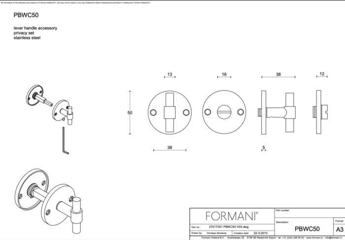 FORMANI | toiletgarnituur mat roestvast staal | Piet Boon | One | PBWC50 | lijntekening