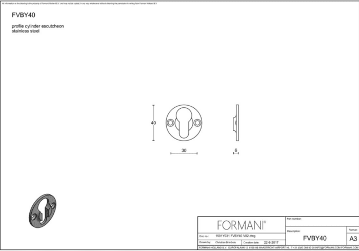 Formani | Rosette de cylindre fvby40 | Round | Acier inoxydable poli
